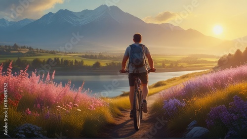 Um homem pedalando por uma exuberante paisagem ao pôr-do-sol. photo