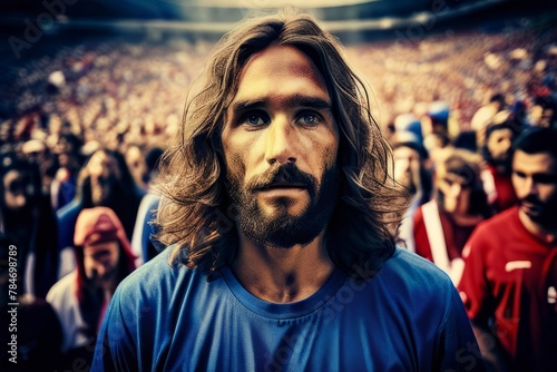 Homem  atual , semelhante a Jesus em meio a uma multidão em um estádio de futebol. photo