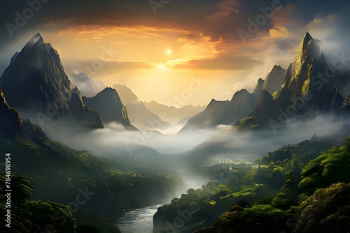 a majestic mountain range shrouded in mist and surrounded by lush valleys