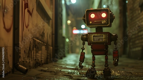A retro-style robot standing in a dimly lit alleyway, with glowing red eyes and a vintage aesthetic.