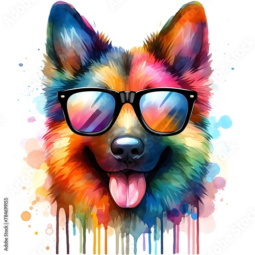 Cartoon German Shepherd  Dog: Abstract Watercolor Painting with Colorful Details and Sunglasses, Perfect for T-shirt Prints or High-Quality Wall Art. © MrArsalan`s Art
