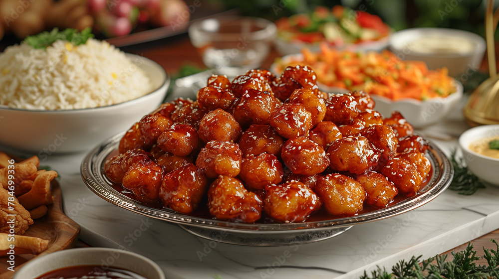 An inviting spread of Chinese takeout: golden-fried General Tso's chicken glistens beside fluffy fried rice on a tabletop panorama