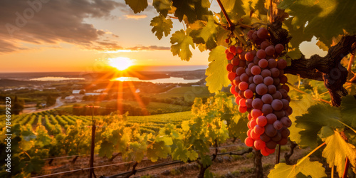 Sunset Over Vineyard with Ripe Grapes and Scenic View