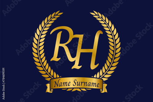 Initial letter R and H, RH monogram logo design with laurel wreath. Luxury golden calligraphy font.