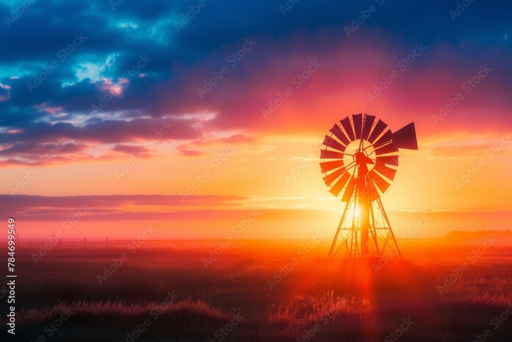 A windmill stands tall in a vast field bathed in the warm hues of the setting sun, A windmill during a vibrant sunrise, AI Generated A windmill stands tall in a vast field bathed in the warm hues of the setting sun, A windmill during a vibrant sunrise, AI Generated