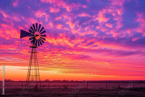 A windmill stands tall in the middle of a field, with the blazing sun setting in the background, casting a warm golden hue over the landscape, A windmill during a vibrant sunrise, AI Generated
