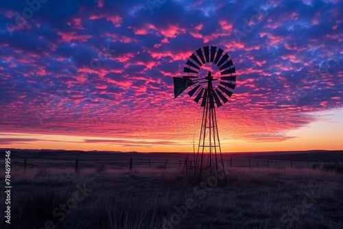 A windmill stands tall and still amidst the open expanse of a field, A windmill during a vibrant sunrise, AI Generated