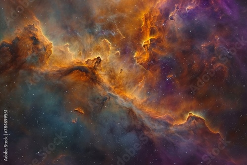 This image displays a vibrant and lively space filled with numerous stars of various colors, A wispy nebula, highlighted with oranges, purples, and shades of blue, AI Generated