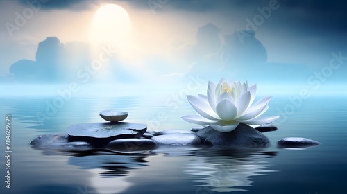 scène zen, cairn et nénuphar, bien-être , relaxation et spa, généré par IA	 photo