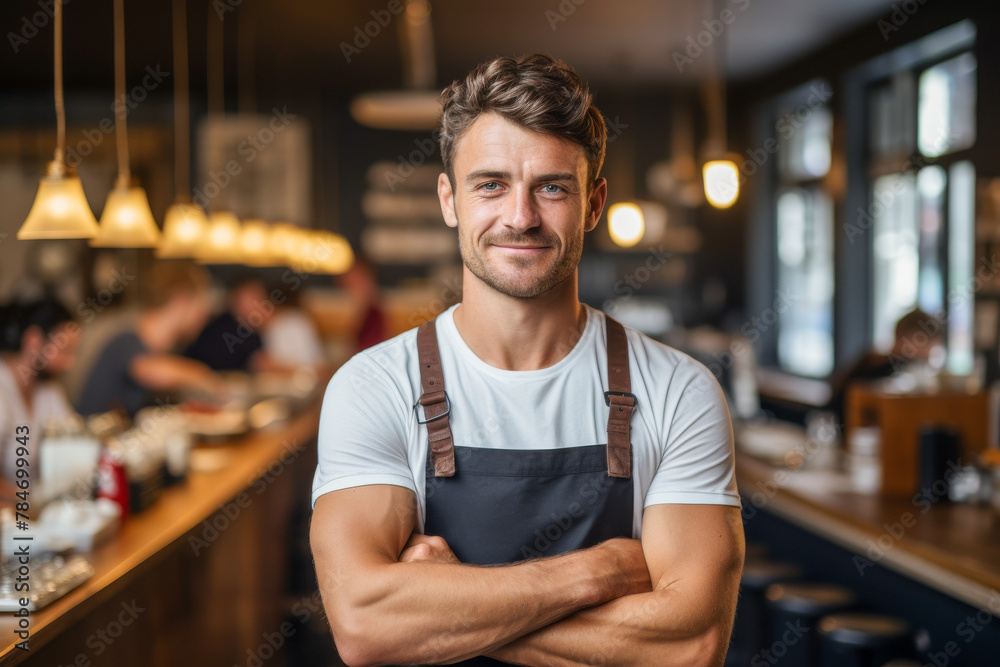 Fototapeta premium Confident Male Chef Standing Proudly in Bustling Restaurant Kitchen