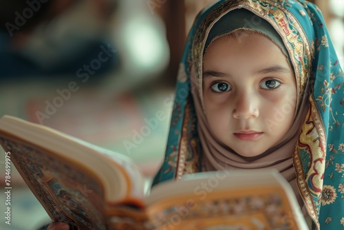 A young girl wearing a headscarf engrossed in reading a book, A young girl learning to recite the Quran, AI Generated