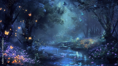 An enchanted forest at night  with glowing flowers  a sparkling river  and mystical creatures lurking in the shadows. Resplendent.