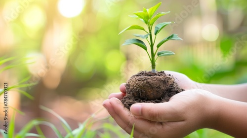 a child's hand holding earth, sprouting a tree, environmental concept generative ai