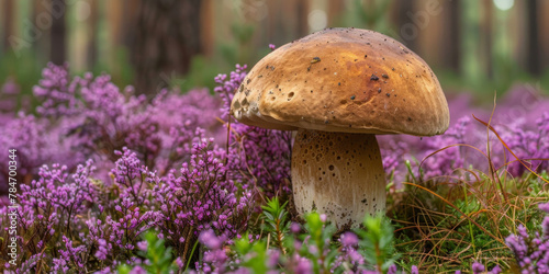 Majestic Mushroom Amidst Blooming Heather in Forest