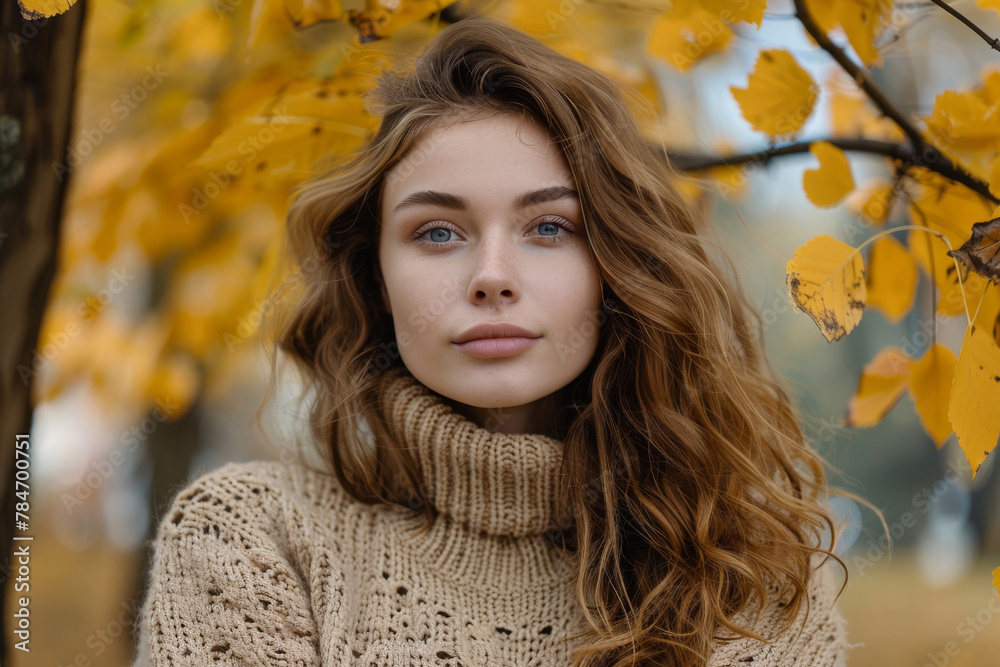 Serene Autumn Beauty: Young Woman Amidst Golden Leaves
