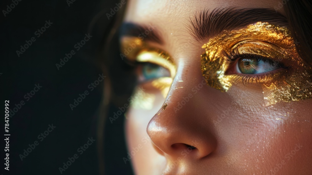 Fototapeta premium beautiful woman, golden patches for the eyes, black background. generative ai