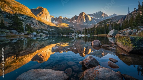 Rocks are surrounding the quiet lake. The lake is reflecting two mountains, Ypsilon and Mount Chiquita. The mountains are lit by the morning light in Rocky Mountain National Park, Colorado. photo