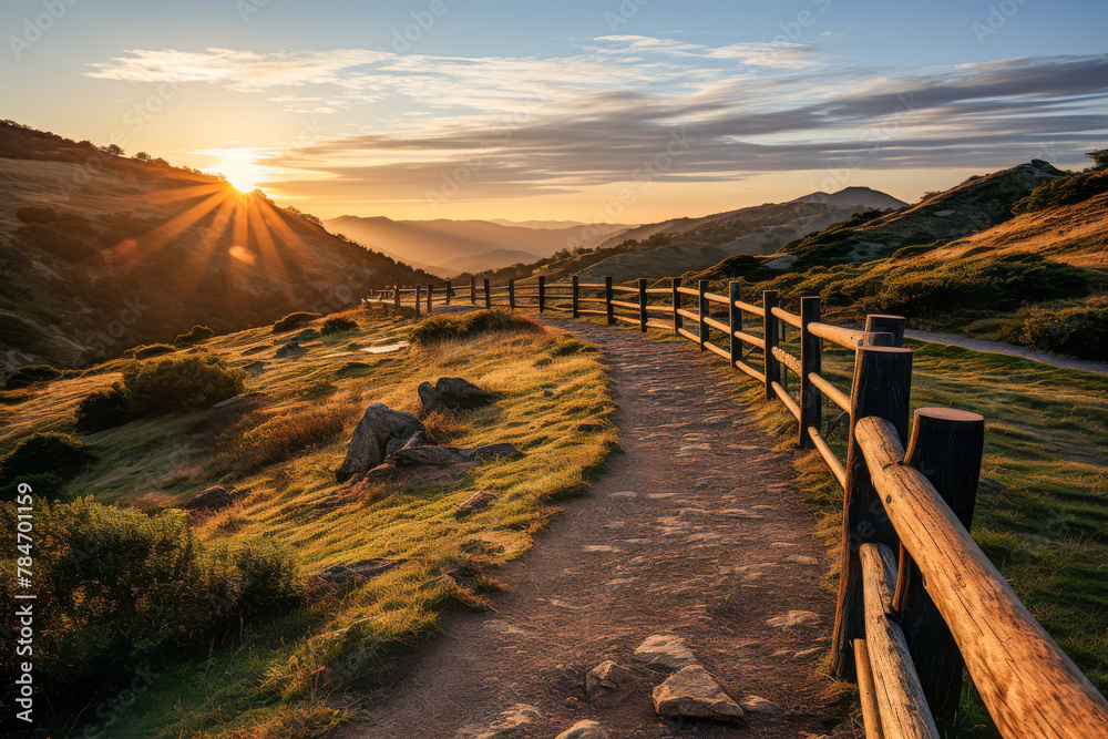 Serene Sunset Over Mountain Pathway with Lush Greenery