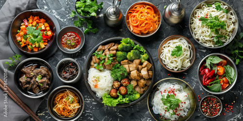 Assorted Asian Cuisine Spread on Dark Tabletop