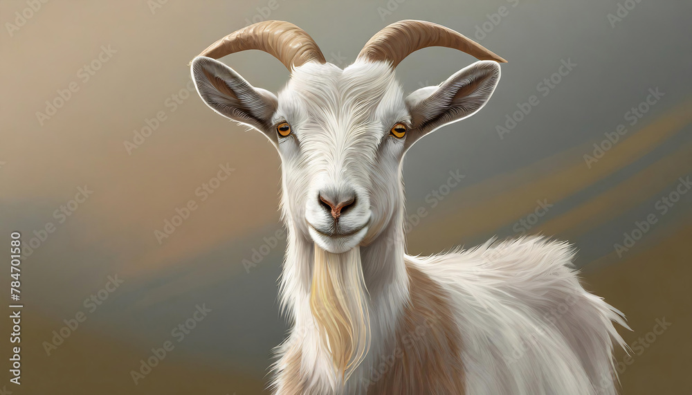 A close-up of a goat with white and brown fur and curved horns stands against a blurred natural background. A close-up of a goat with white and brown fur and curved horns stands against a blurred natural background.