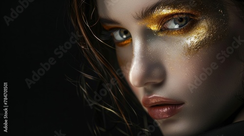 beautiful woman, golden patches for the eyes, black background. generative ai