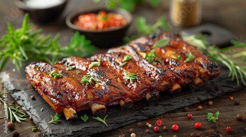 A sizzling plate of succulent pork spare ribs resting on a rustic wooden table, surrounded by fresh herbs and spices-4