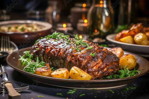 Succulent Roasted Beef Tenderloin with Herbs and Potatoes on Elegant Dining Table