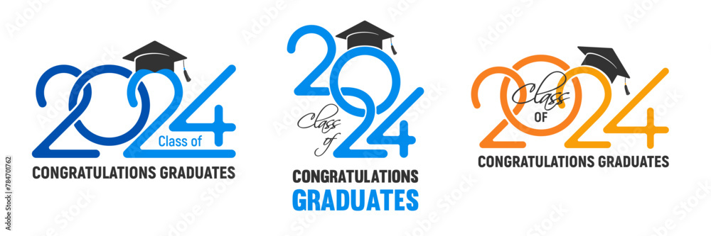 Design templates set for congratulations graduates class of 2024, overlays, logo or badges with black academic hat, numbers and congrats text for high school or college graduation. Vector illustration - obrazy, fototapety, plakaty 