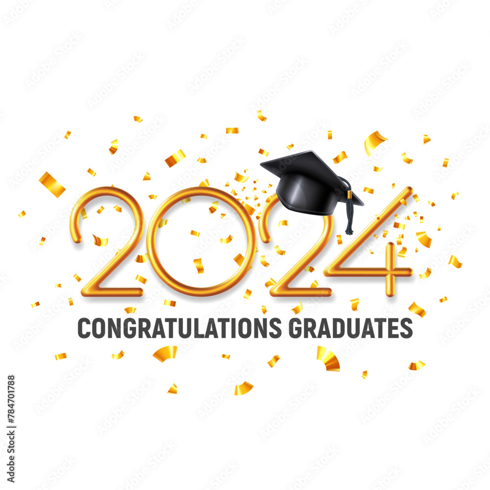 Design template of congratulations graduates class of 2024, banner with 3d realistic academic hat, volumetric gold numbers and confetti for high school or college graduation. Vector illustration - obrazy, fototapety, plakaty 