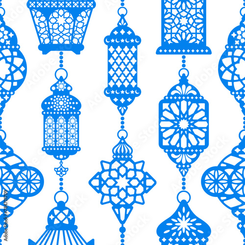 Seamless pattern with ornate ramadan lanterns, arabic lamps. Fanous lantern, flat, silhouette vintage design. Eastern, turkish, moroccan traditional lamp, monochrome texture. Vector illustration