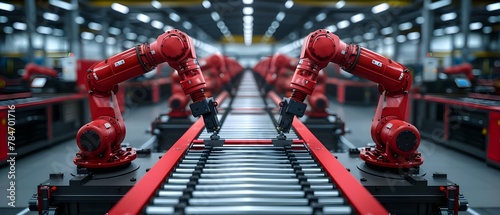 Synchronized Precision: Robots at Work in Future Factory. Concept Automation, Robotics, Future Technology, Precision Manufacturing, Smart Factories photo