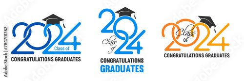 Design templates set for congratulations graduates class of 2024, overlays, logo or badges with black academic hat, numbers and congrats text for high school or college graduation. Vector illustration