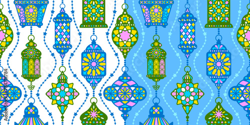 Seamless pattern with ornate ramadan lanterns, arabic lamps. Fanous lantern, flat, silhouette vintage design. Eastern, turkish, moroccan traditional lamp, color texture. Vector illustration