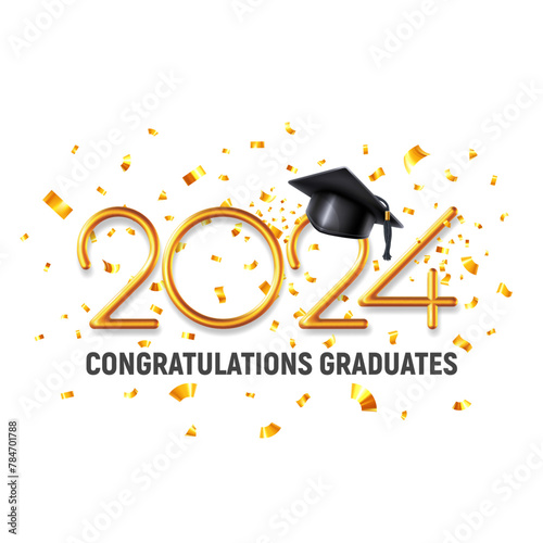 Design template of congratulations graduates class of 2024, banner with 3d realistic academic hat, volumetric gold numbers and confetti for high school or college graduation. Vector illustration
