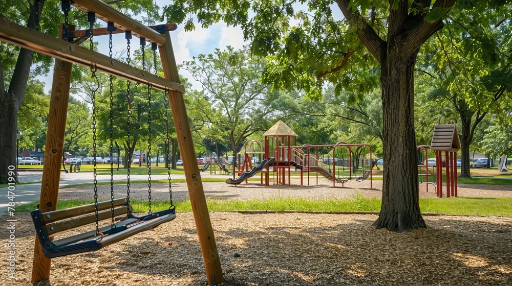 Swinging on a playground in the park Swinging on a playground in the park