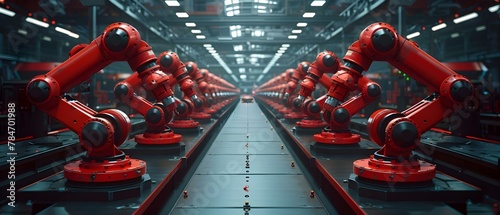 Symphony of Precision: Red Robotic Arms in Harmony. Concept Robotics, Precision, Red, Technology, Harmony photo