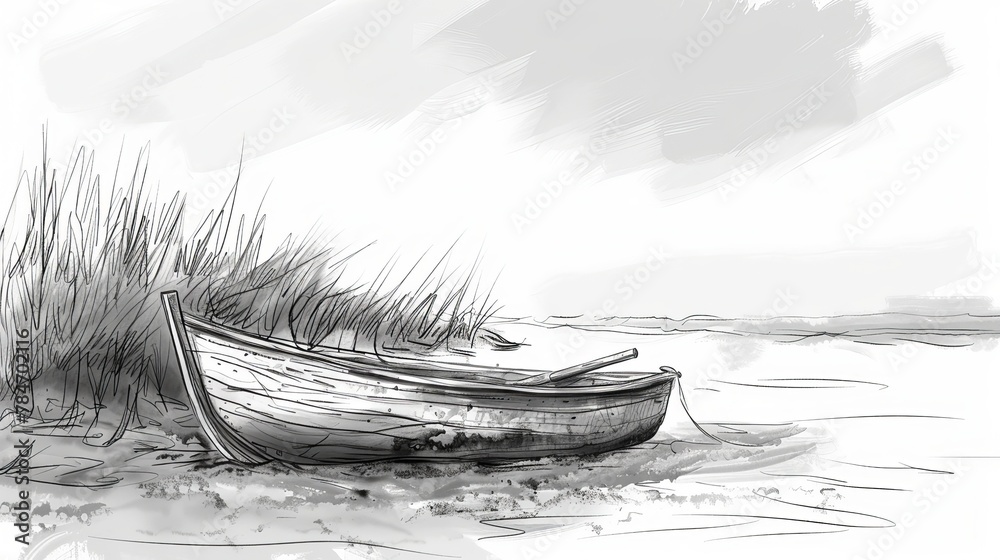 Fototapeta premium Sketch of a boat in a river or delta.