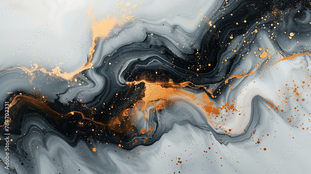 Abstract fluid art painting in black, white and gold color palette ...