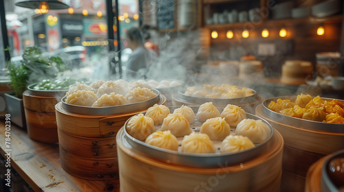 A picturesque scene of yumcha ambiance, with bamboo steamers filled with an assortment of dumplings creating a captivating display-1