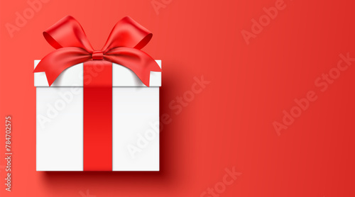 White gift box wrapped with red ribbon, lying down on a red horizontal background with copy space, realistic vector illustration. © Topuria Design
