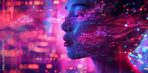 Neon Digital Streams in Woman's Profile with Cityscape