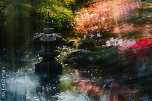 A realistic painting depicting a pond with a statue positioned prominently at its center  Abstract impressions of a Japanese Zen garden in spring  AI Generated