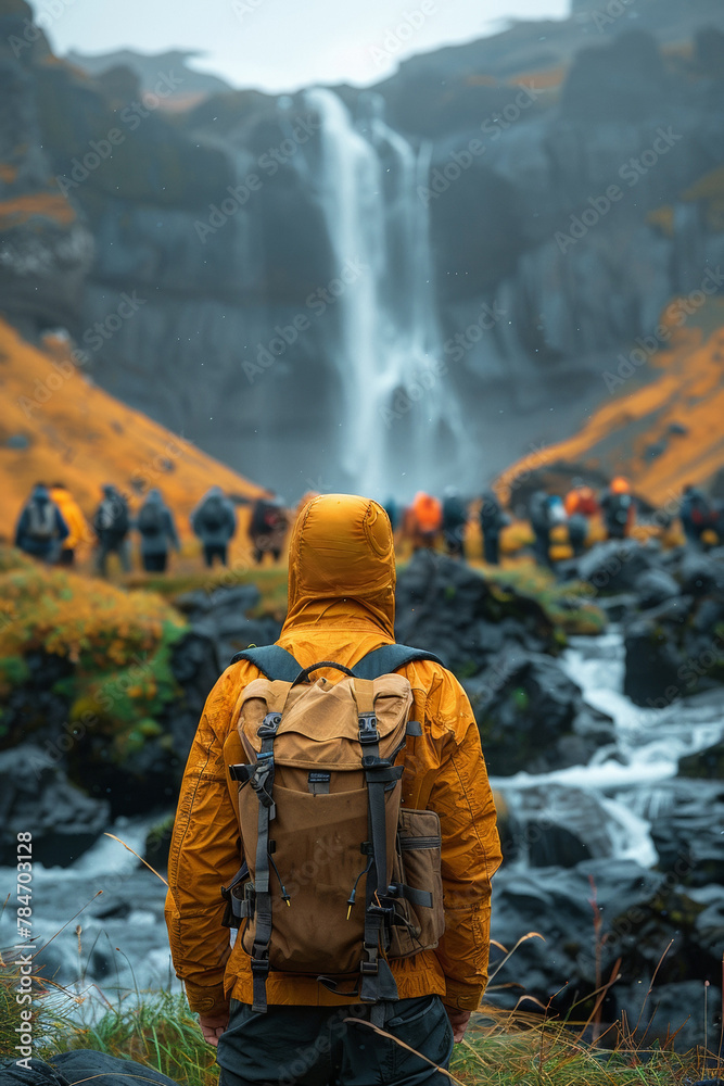 In a scenic wilderness, a hiker stands in awe, gazing at the majestic waterfall.