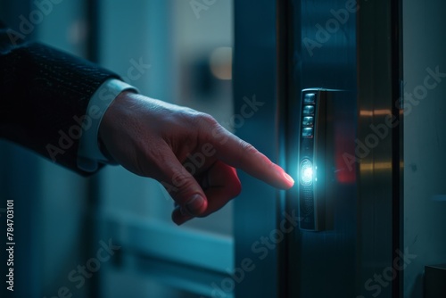 the hand of a businessman is shown undergoing a finger scan on a biometric measuring machine to access an office door 