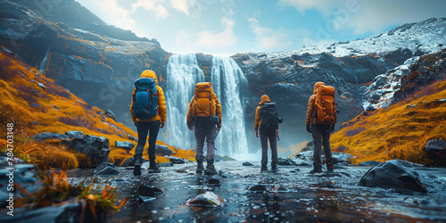 In extreme tourism, adventurous mountaineers hike near a majestic waterfall in stunning landscape.