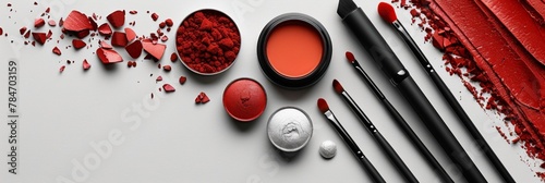 A professional beauty collection with various makeup tools on a white background.