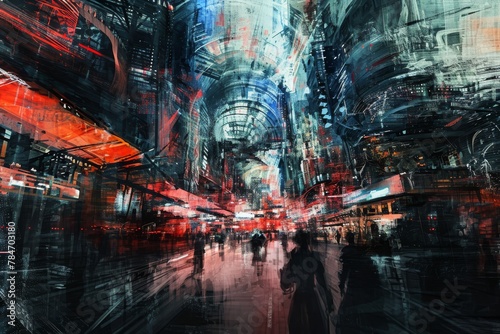 A realistic painting depicting a group of individuals making their way down a bustling city street  Abstract of a bustling market in a futuristic city  AI Generated