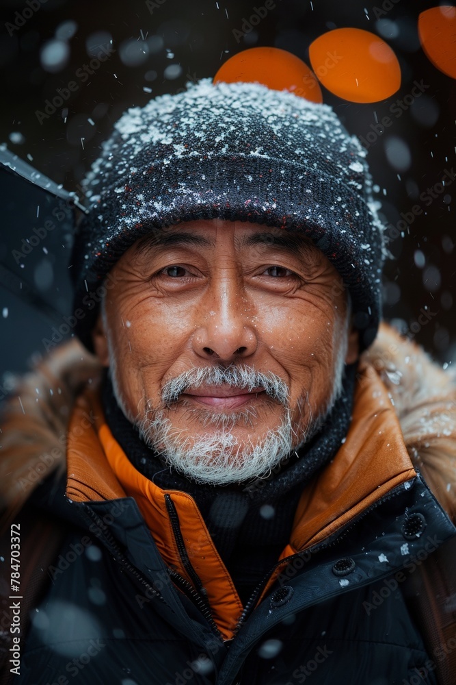 In an excited portrait, a confident senior Asian man smiles amidst snowflakes, wearing a beanie. In an excited portrait, a confident senior Asian man smiles amidst snowflakes, wearing a beanie.