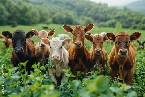 In the rural countryside, a lovely herd of dairy cattle grazes in a green pasture.