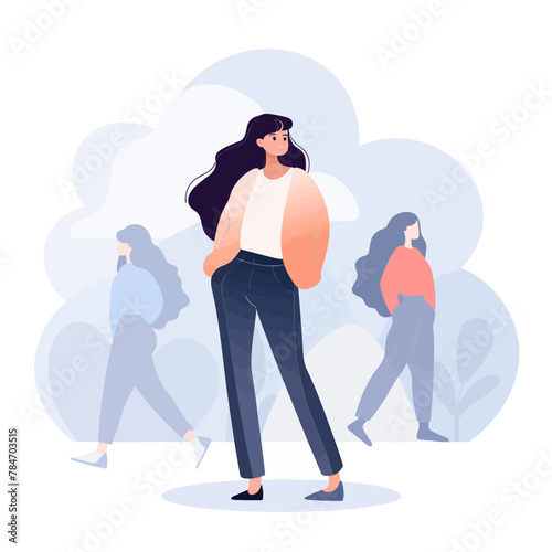 Young woman walking in the park. Vector illustration in a flat style